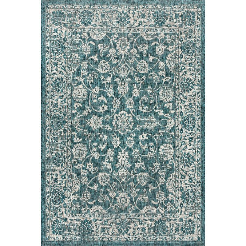 5'x8' Tela Bohemian Textured Weave Floral Indoor/Outdoor Area Rug, Teal/Gray - JONATHAN Y