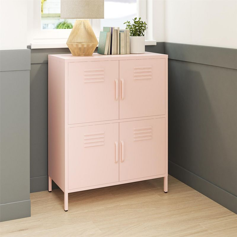 RealRooms Shadwick 4 Door Metal Locker Style Accent Storage Cabinet, Pale Pink