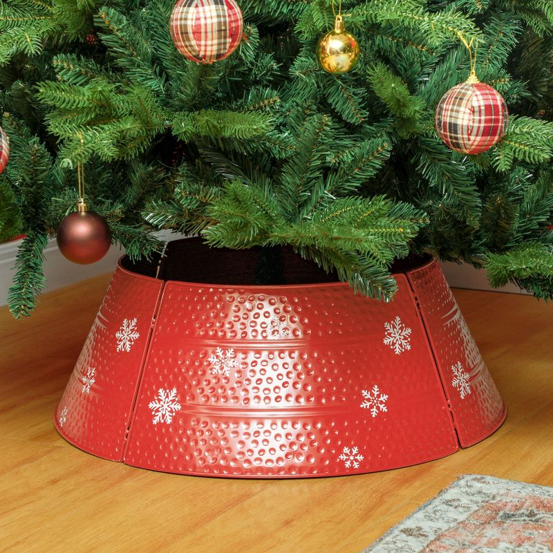 HOMCOM Christmas Tree Collar Steel Tree Ring Skirt, Home Xmas Decoration with Snowflake Engraving, 26" Base, Red
