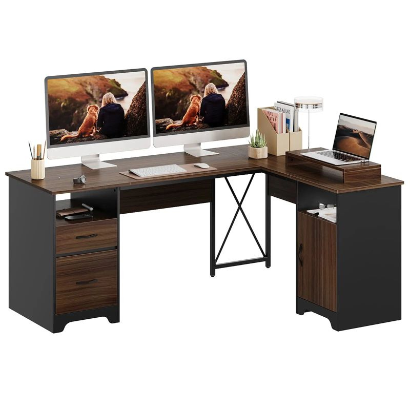 Bestier 63'' L Shaped Home Office Desk with File&Storage Drawers and Cabinet, Executive Desk with Monitor Stand and Open Compartments, Cherry