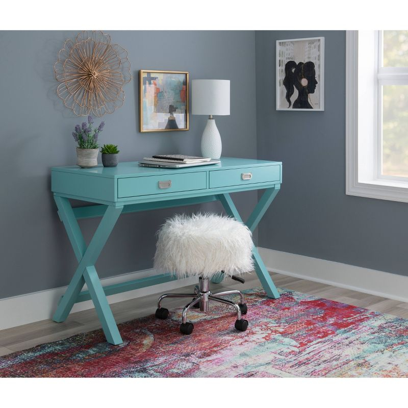 Peggy Transitional Campaign Wood Writing Desk with Drawers Blue - Linon: Silver Hardware, X-Framed Legs, Pine Frame