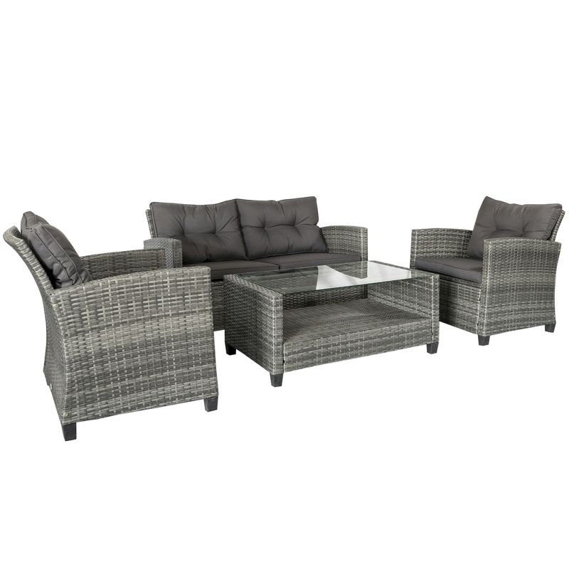 Outsunnny 4 Piece Patio Furniture Set, Outdoor Wicker Loveseat Sofa & Chairs, with 2-Tier Coffee Table & Tufted Cushions, Carbonized