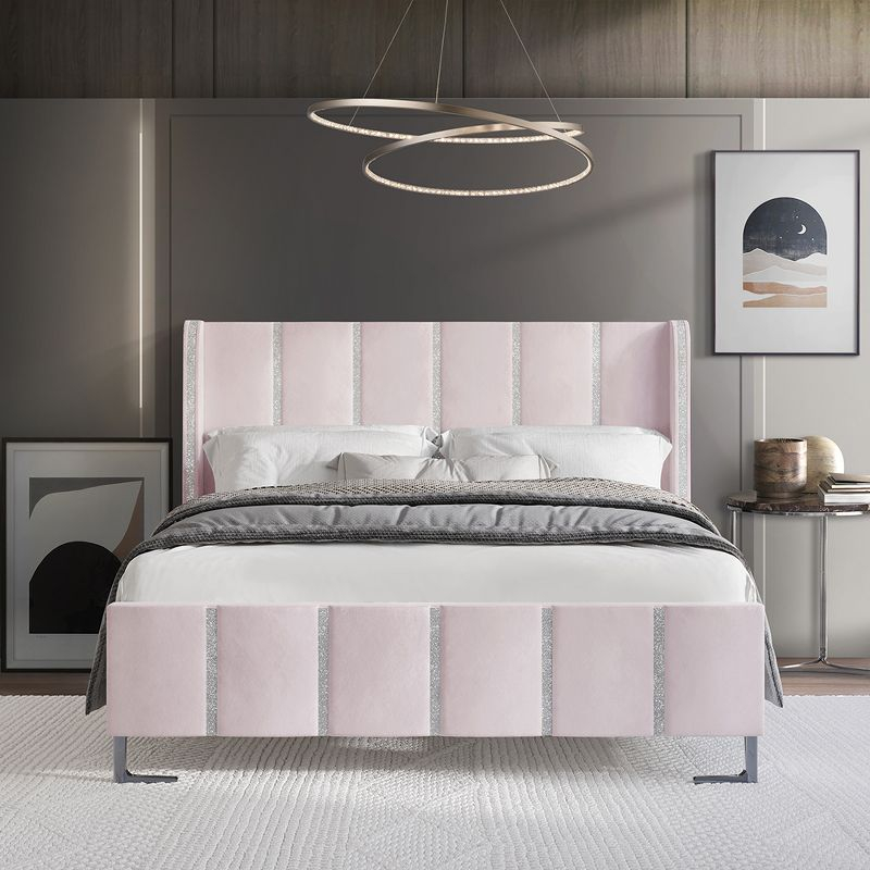 ChaletPosh Queen Size Upholstered Bed in Light Pink Velvet