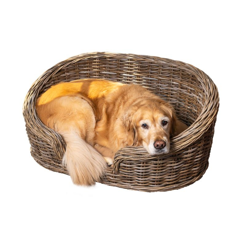 THE LICKER STORE Curvy 33" x 21.25" Classic Handwoven Rattan Dog Bed with Machine-Washable Cushion, Kubu Gray