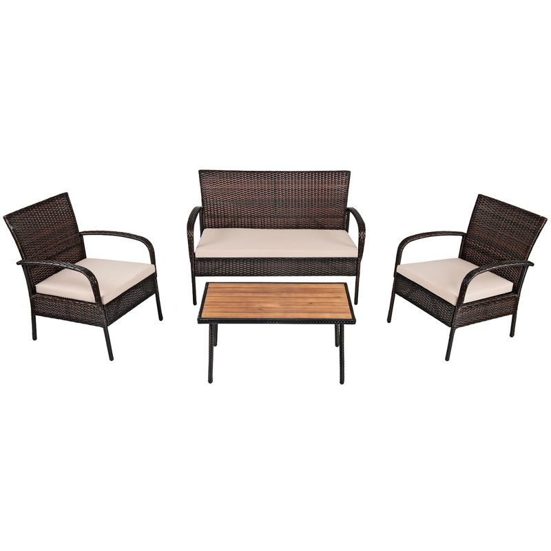 Tangkula 4PCS Cushioned Rattan Patio Conversation Set Outdoor Furniture Set
