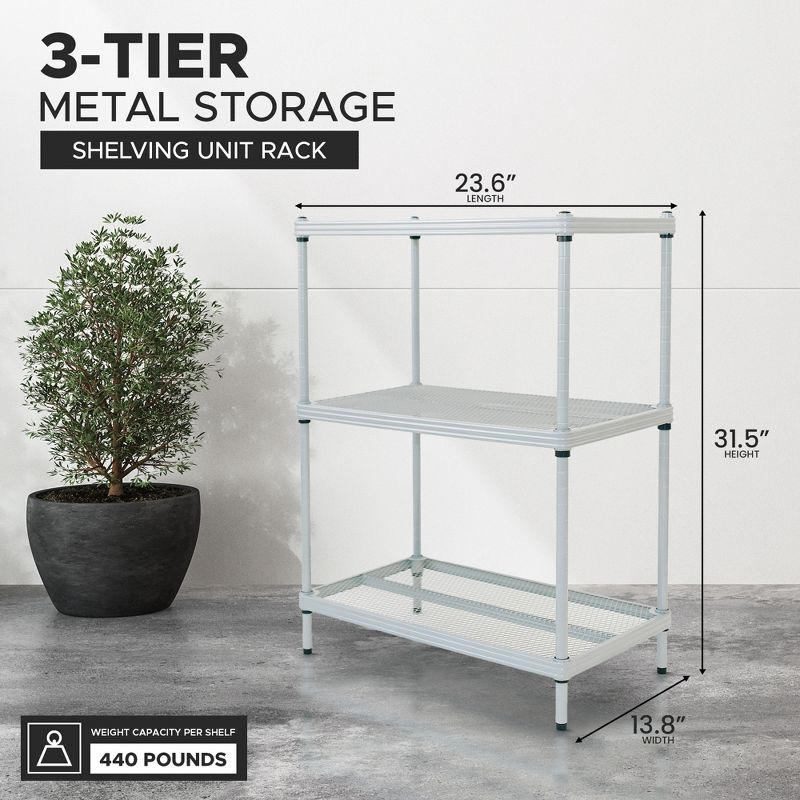 Design Ideas MeshWorks 3 Tier Full-Size Metal Storage Shelving Unit Rack for Kitchen, Office, and Garage Organization, 23.6” x 13.8” x 31.5,” Silver