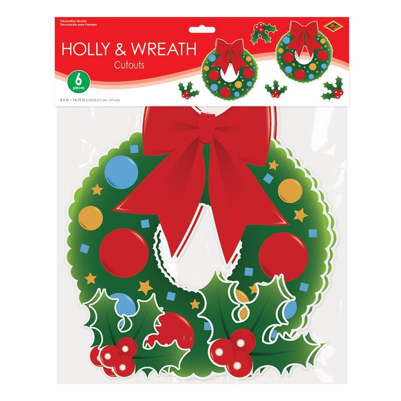 Beistle Holly & Wreath Cutouts, 4.5"-14.75", (12/Pkg) Multicolored