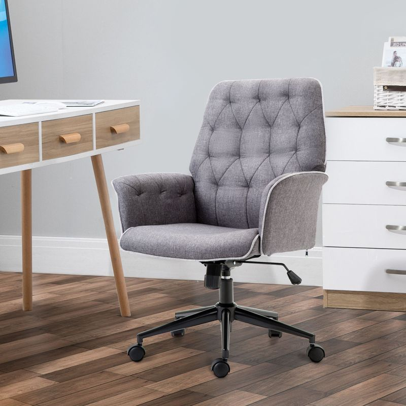 Vinsetto Modern Mid-Back Tufted Linen Home Office Desk Chair with Arms, Swivel Adjustable Task Chair, Upholstery Accent Chair with Soft Seat, Gray