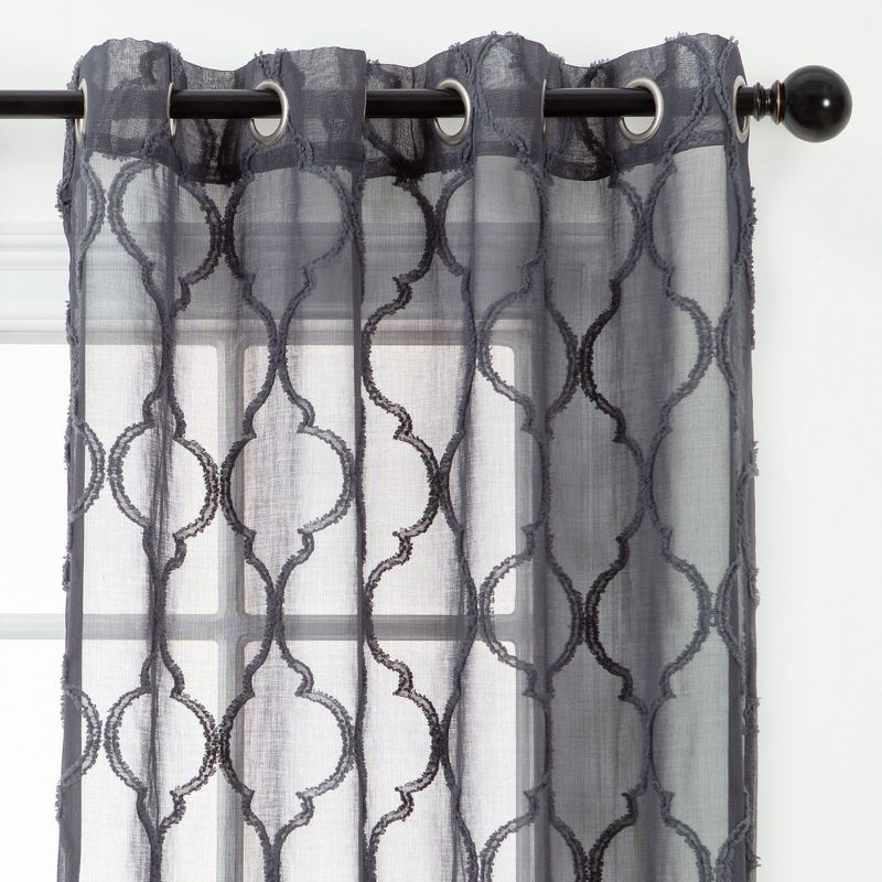 Chanasya 2pk Moroccan Embroidered Grommet Textured Sheer Window Curtain Panels - Set of 2 - 52 x 84 Inches Long - Charcoal