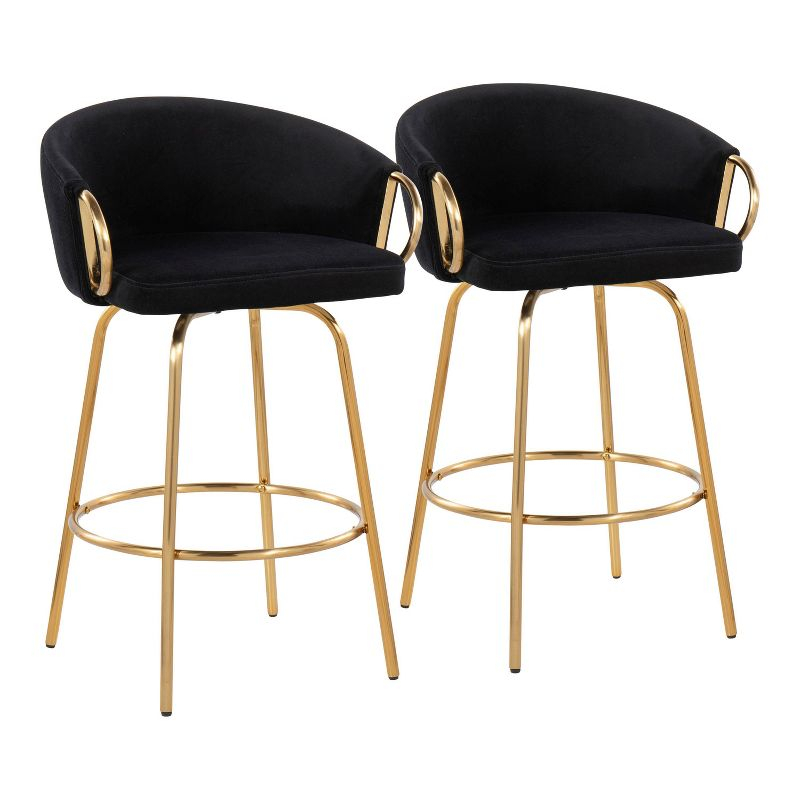 Set of 2 Claire Upholstered Counter Height Barstools Black/Gold - LumiSource: Velvet, Swivel, Low Back, Steel Legs