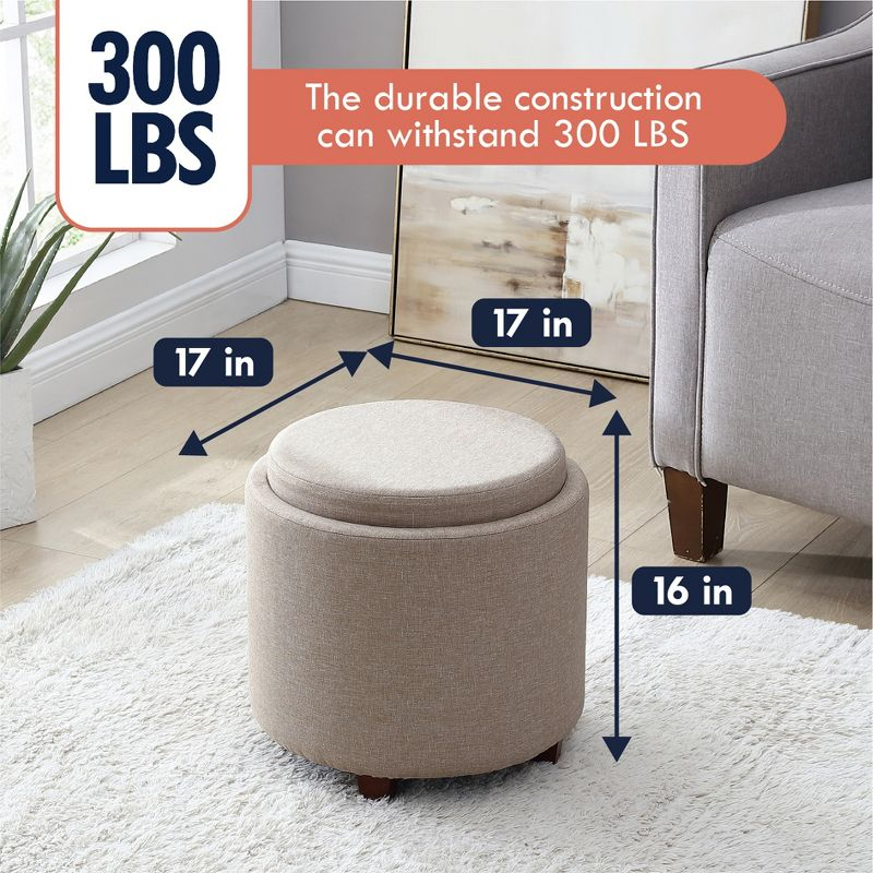 Ornavo Home Lawrence Round Storage Ottoman with Table Top Lid - Linen Beige