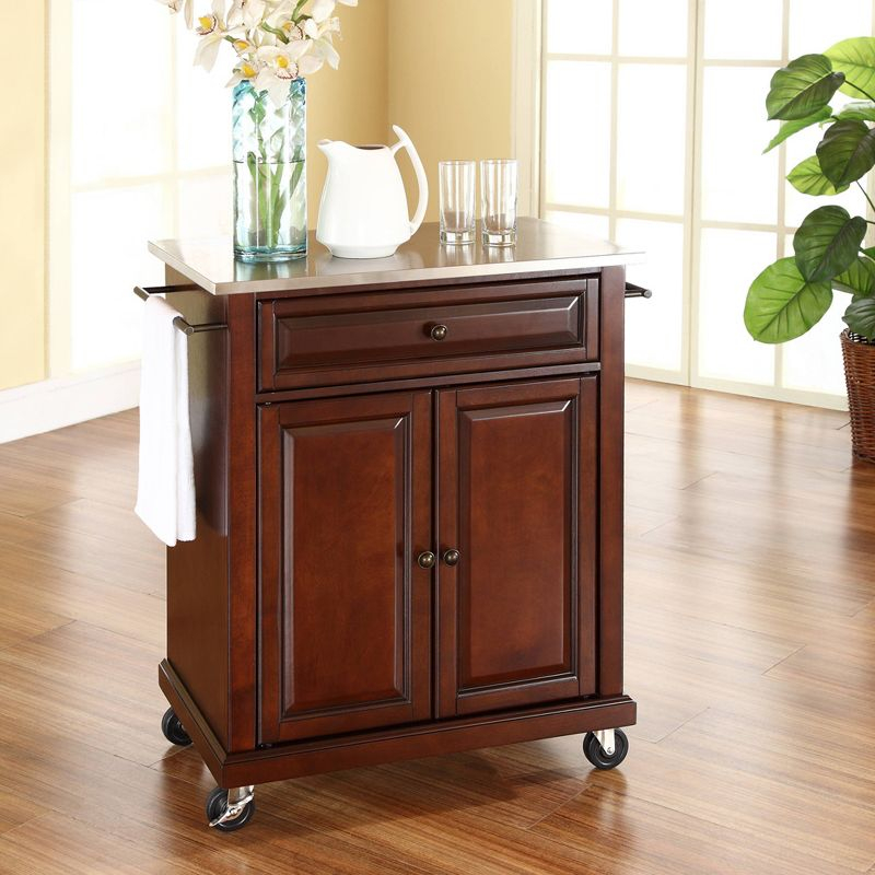 Compact Stainless Steel Top Kitchen Cart Mahogany - Crosley: Mobile Island with Storage & Towel Bars