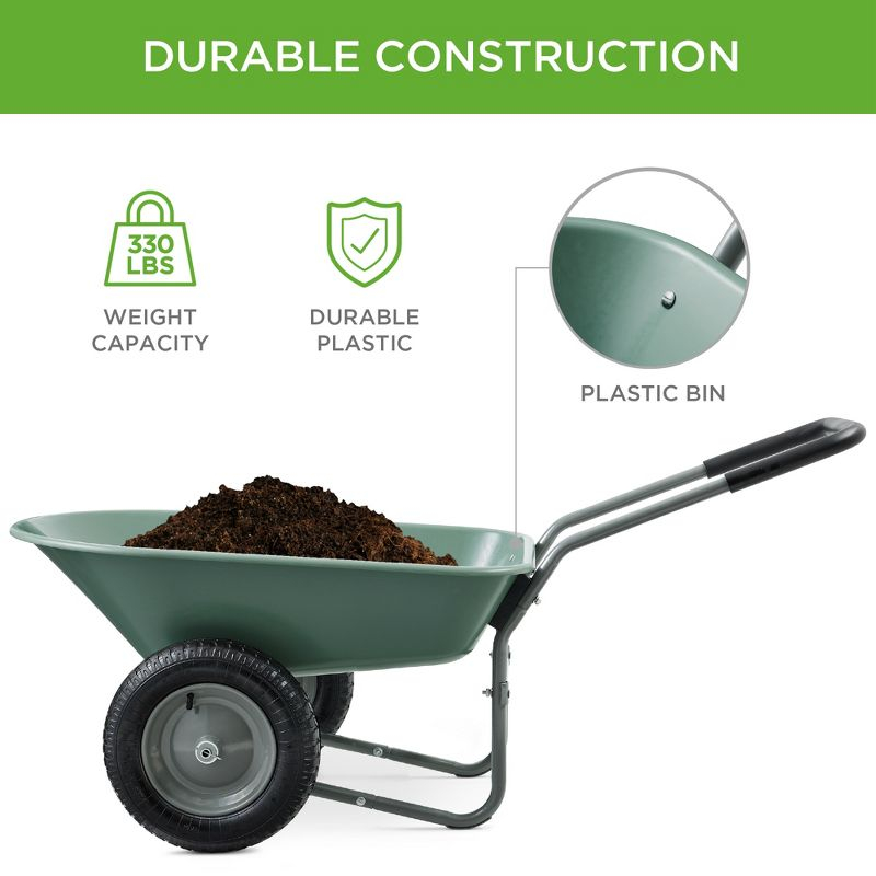 Best Choice Products Dual-Wheel Home Wheelbarrow Yard Garden Cart for Lawn, Construction - Seafoam