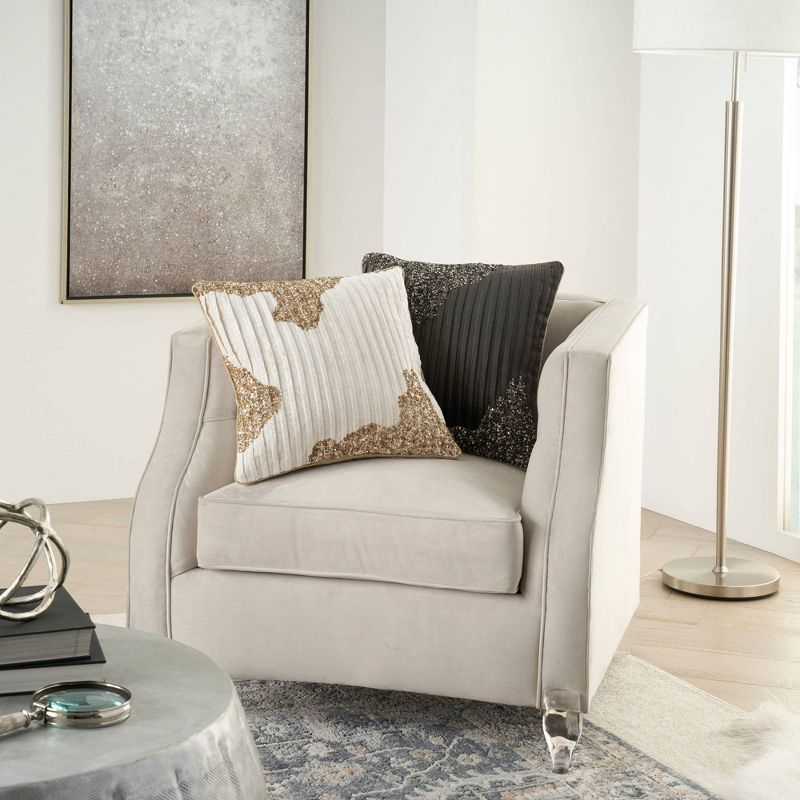 Mina Victory 18"x18" Sofia Beaded Pleated Velvet Square Throw Pillow Ivory/Gold: Bohemian Stripe, Removable Cover, Indoor Use
