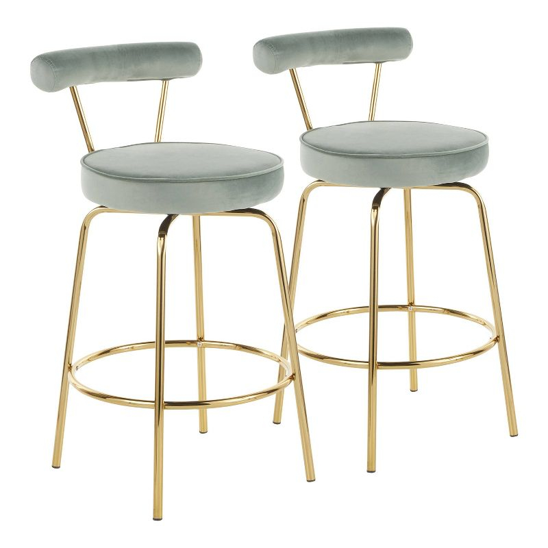 LumiSource Set of 2 Rhonda Glam Counter Height Barstools Sage Green Velvet: Upholstered Swivel, Metal Legs, Spot Clean