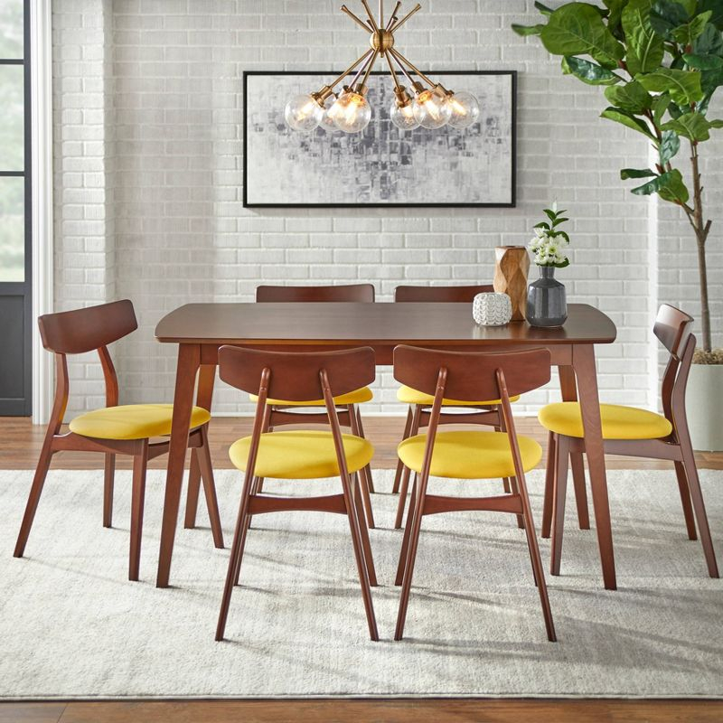 7pc Archer Rectangular Dining Set Walnut/Yellow - Buylateral: Mid-Century Modern, Polyester Upholstery, Wood Frame