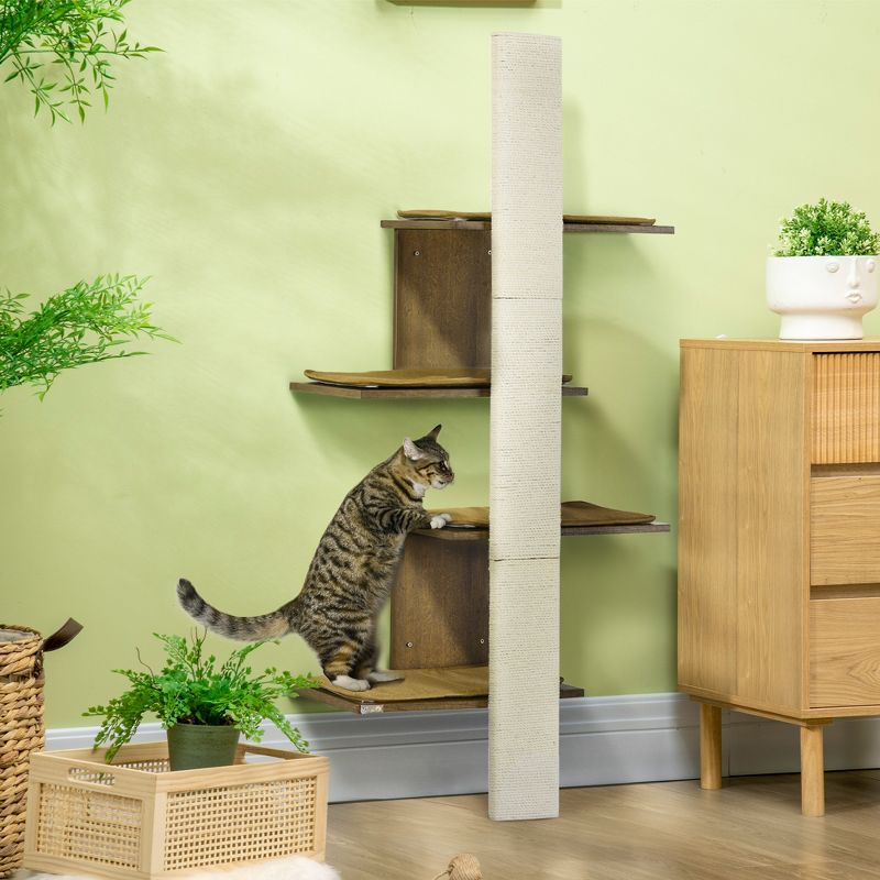 PawHut Wall-Mounted Cat Tree with Scratching Post & Soft Cushions, Modern Cat Tree with Cat Shelves, Wooden Cat Tower Kitty Playground