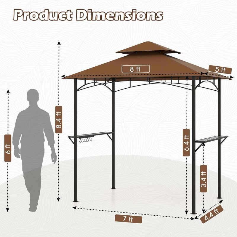 Costway 8' x 5' Grill Gazebo with 2 Shelves 7 Hooks Metal Frame Soft Top Brown