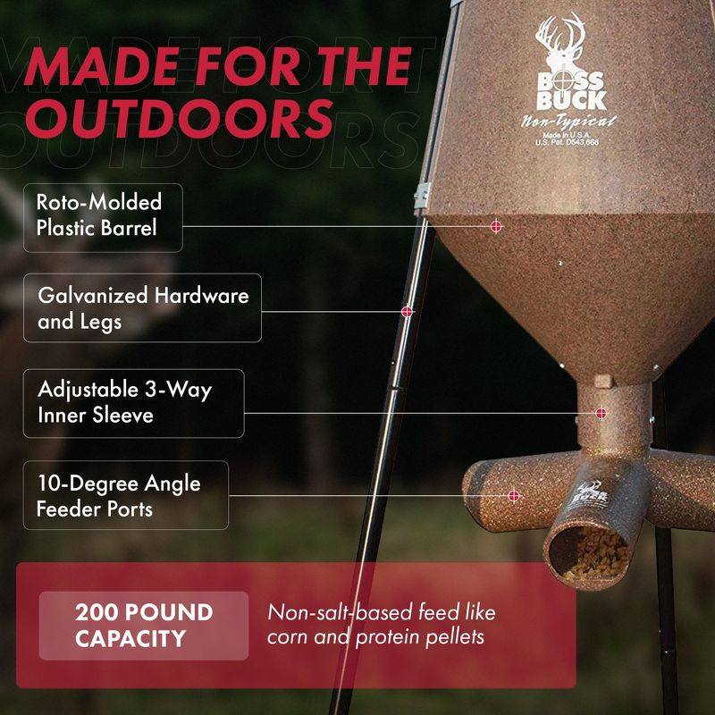 Boss Buck 200 Pound Capacity Gravity Fed Tripod, Corn and Protein Pellet Feeder with 3 Way Adjustable Flow Control for Wildlife, Game, & Deer (2 Pack)