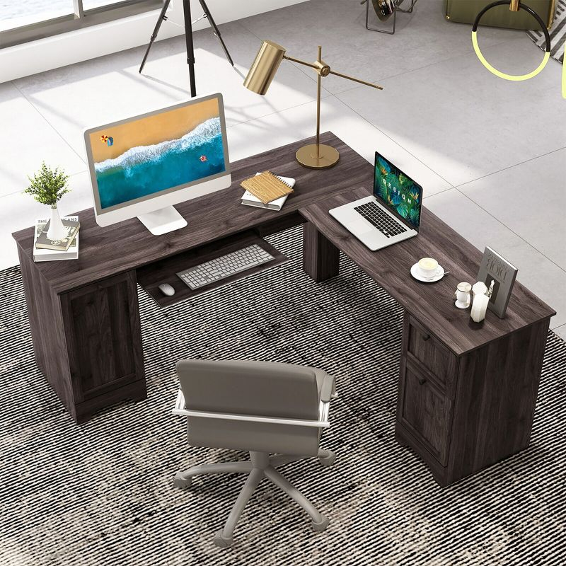 Costway 66.5'' L Shaped Home Office Desk Corner Computer Desk Keyboard Tray Dark Brown