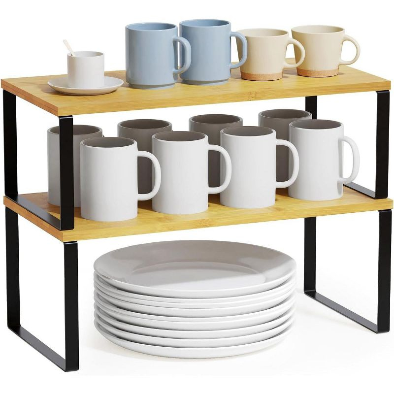 SpaceAid 2-Pack Cabinet Shelf Organizers – Stackable & Expandable Kitchen Counter Racks For Spice, Pantry, And Cupboard Storage, Black