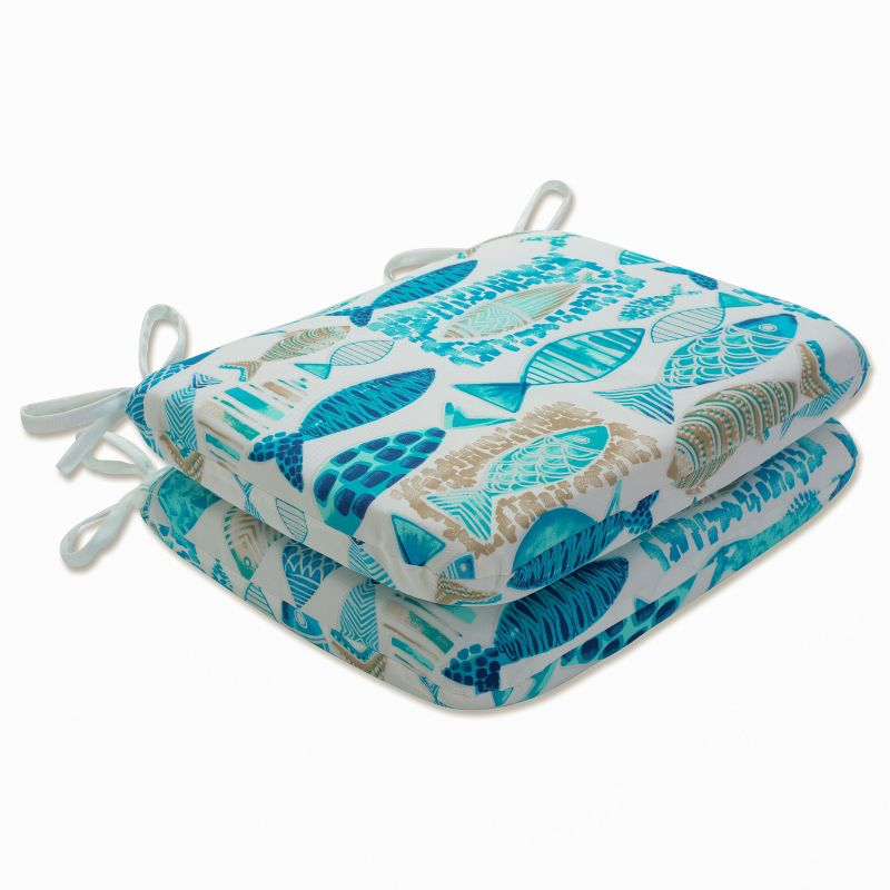 15.5"x18.5" Hooked Nautical 2pc Outdoor Seat Cushion Set Blue - Pillow Perfect: Weather-Resistant, Fade-Resistant