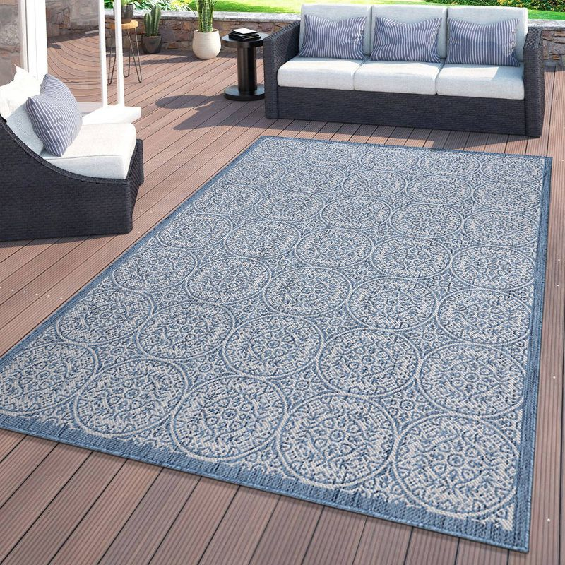 World Rug Gallery Transitional Floral Circles Textured Flat Weave Indoor/Outdoor Area Rug - BLUE 5' X 7'