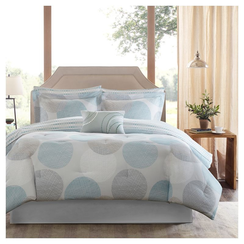 Cabrillo Complete Multiple Piece Comforter Set (Full) 9-Piece - Aqua: Madison Park Microfiber Bedding Ensemble with Embroidered Details