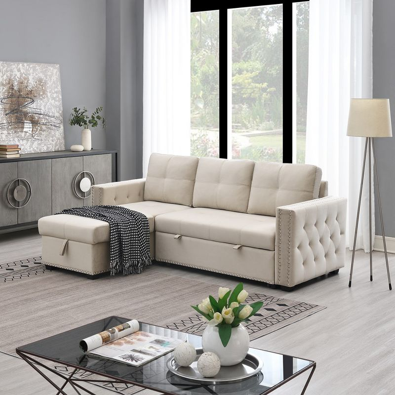 Velvet Sleeper Sofa Sectional Couch with Put Out Bed and Reversible Storage Chaise Beige - Morden Fort