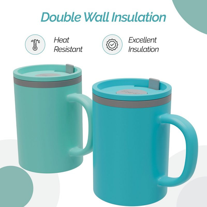 Copco Iconic 16oz Double Wall Insulated Desk Mug with Lid and Handle, Set of 2, BPA-Free Reusable Plastic, Spill-Proof, Wide Mouth (Aqua/Mint)