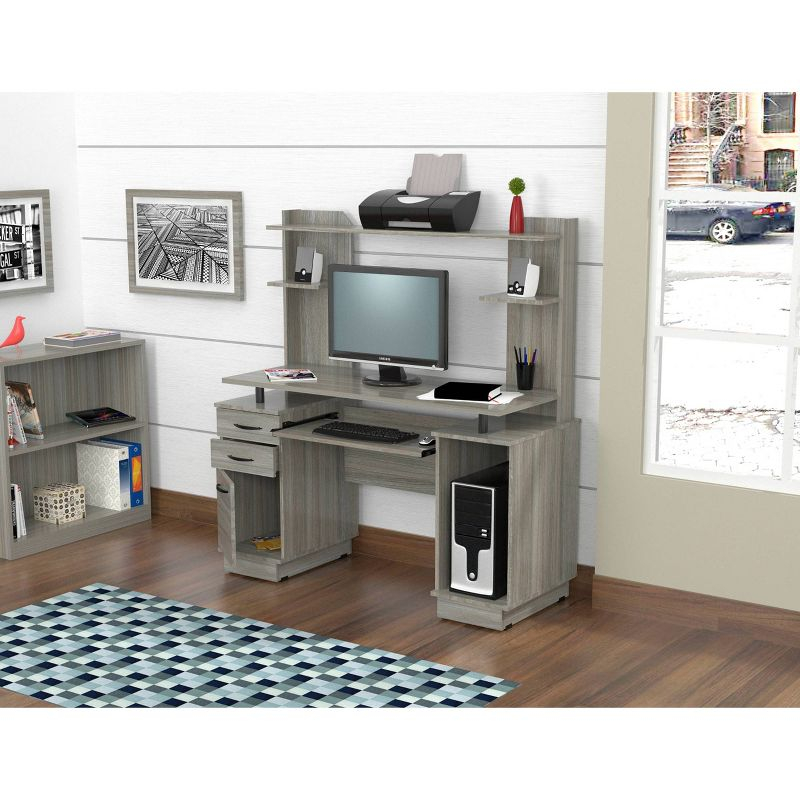 Computer Workcentre With Hutch Smoke Oak - Inval: Modern Laminate Writing Desk, MDF Frame, Open Shelf Storage