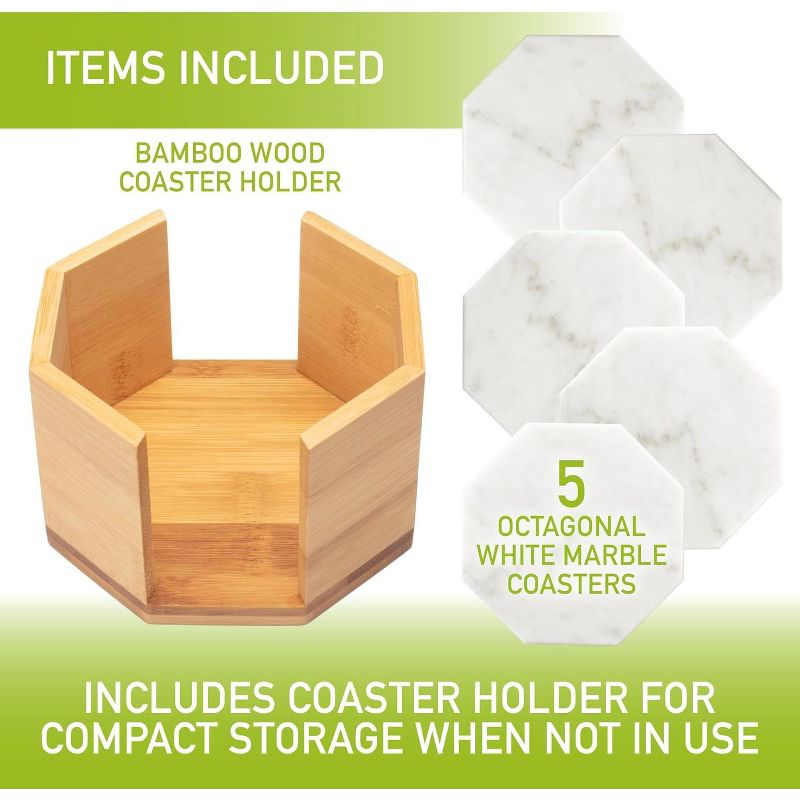 D'Eco White Carrara Marble Coasters w/ Bamboo Holder - Set of 5 - Tabletop Protection- Fits Any Size Wine Glass, Cup, Mug - Great Mother's Day Gift