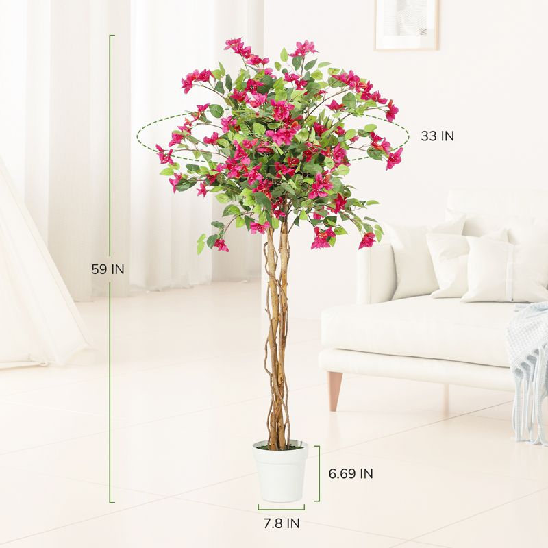 5ft Artificial Bougainvillea Tree with Flowers, Realistic Faux Plants in Pot, Unique Dual-Trunk Design,Artificial Plants for Room Office Home Decor
