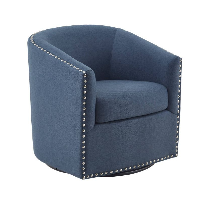 Madison Park Sheldon Swivel Chair Blue: Elegant Barrel Design, Nailhead Trim, 360° Rotation, No Assembly Required