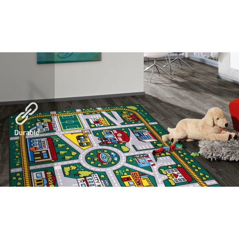 World Rug Gallery Kids Educational Learning City Life Road Non Slip Area Rug - Green 5' x 7'