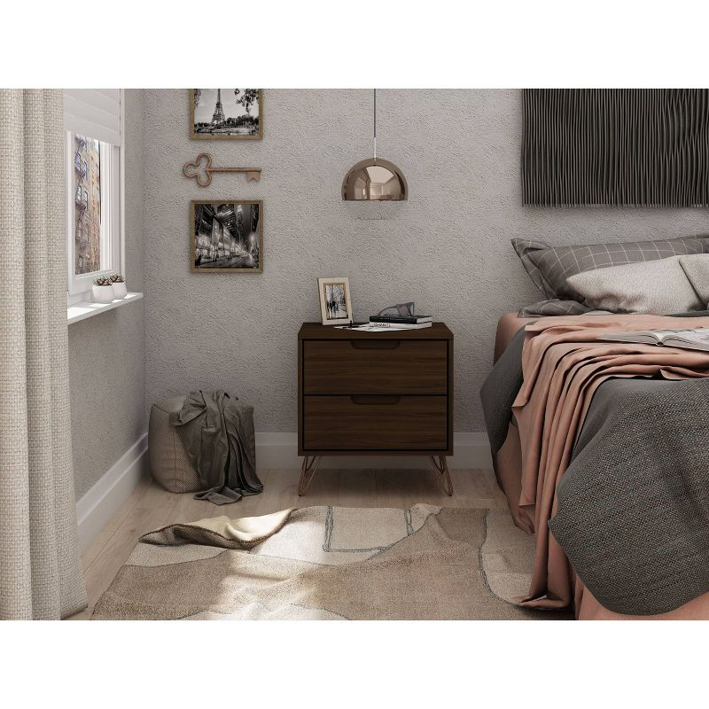 2.0 Rockefeller Nightstand Brown - Manhattan Comfort: Modern Bedside Table with Metal Legs & Storage