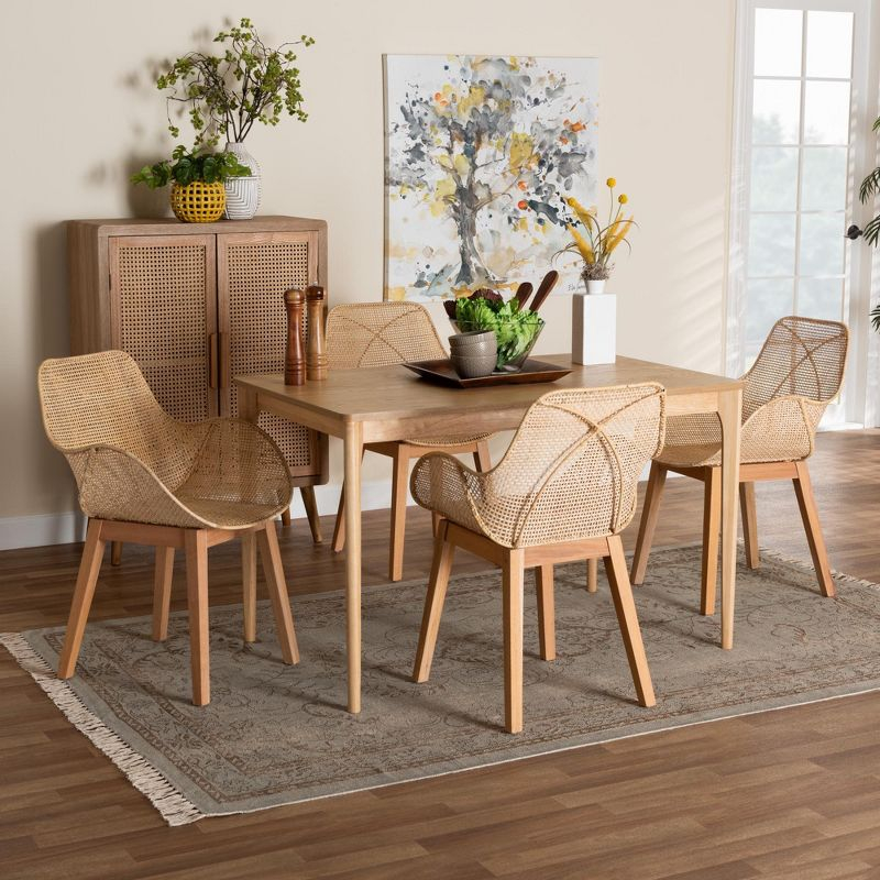 Baxton Studio Ballerina Japandi Natural Brown Mahogany Wood and Rattan 5-Piece Dining Set