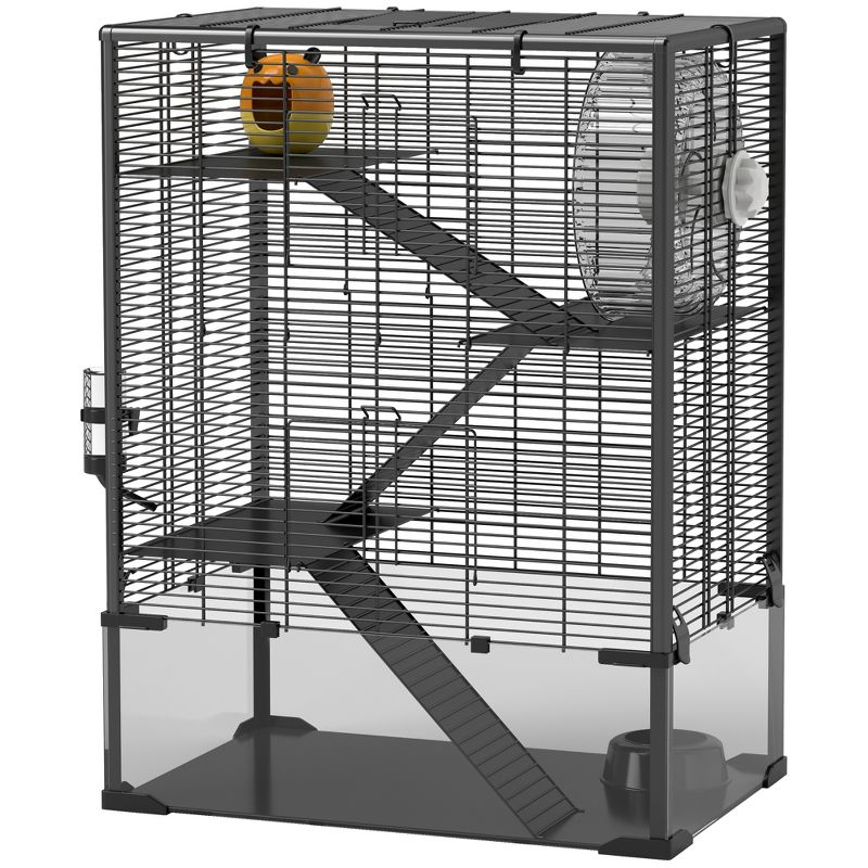 PawHut Deep Glass Bottom Hamster Cage, 4 Tiers Hamster Tank with Running Wheel, Hut, Water Bottle, Food Dish, Rat Cage, Black, 24" x 16" x 31.5"