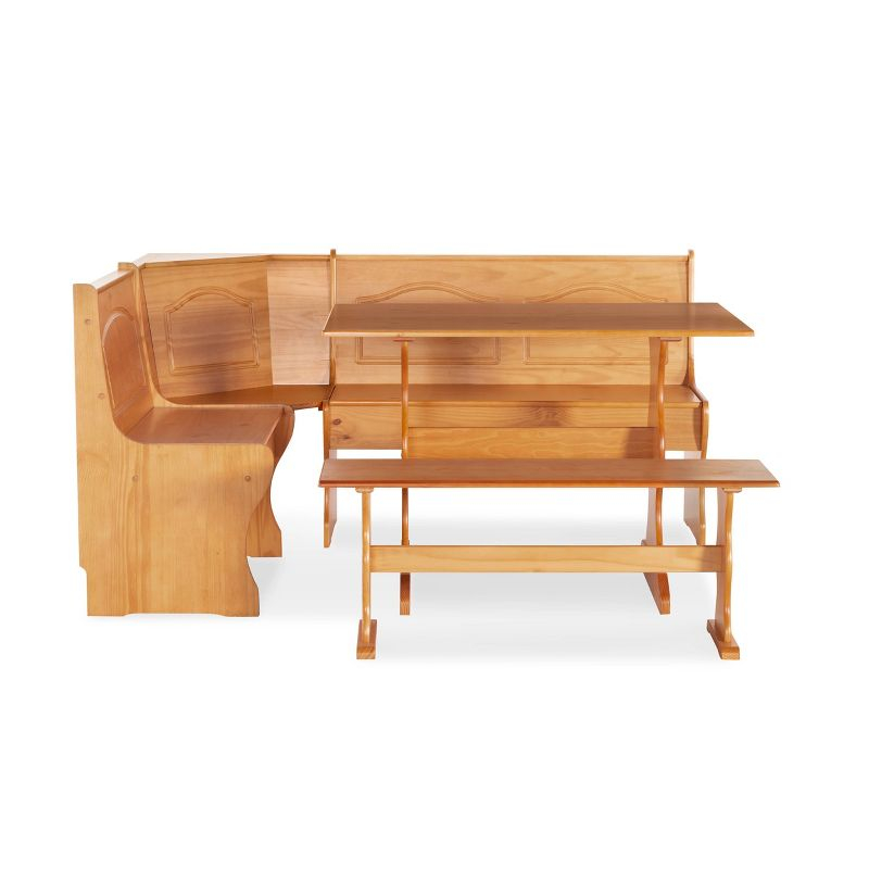 Linon 3pc Chelsea Pine Breakfast Corner Nook Dining Set Natural: Wood Frame, Trestle Base, Seats 6