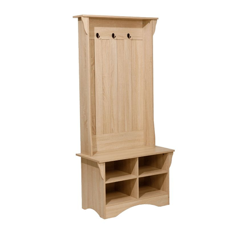 Merrick Lane Hallway Tree with Bench Seating, 3 Single Coat Hooks and Lower Storage with Adjustable Shelves in Weathered Wood
