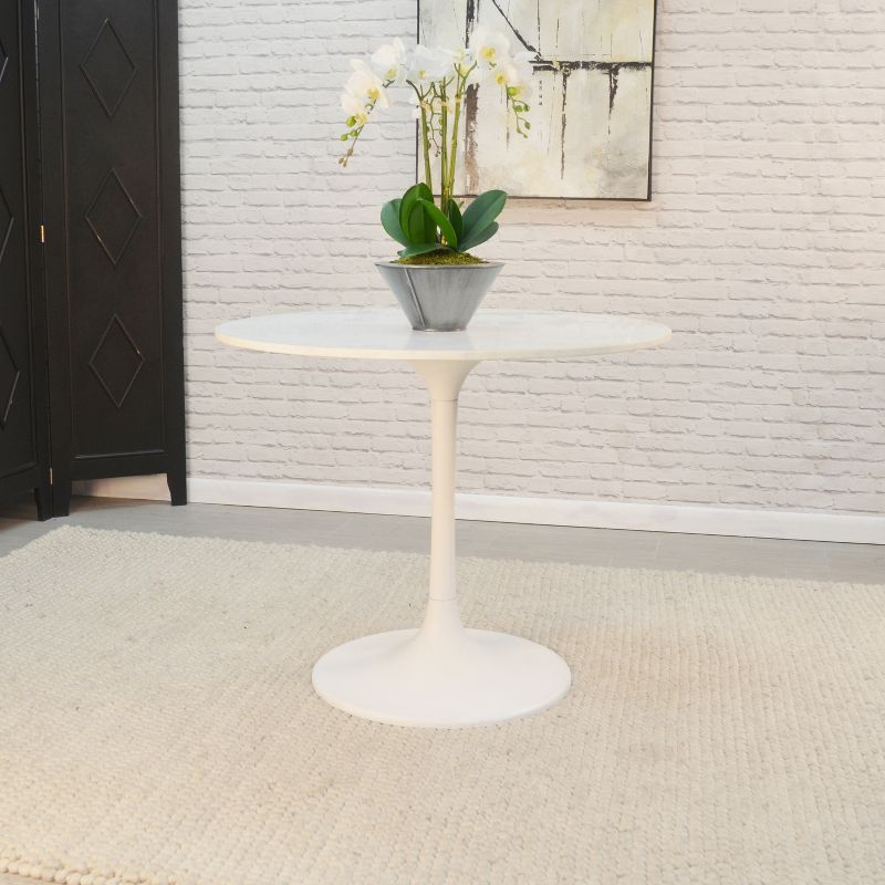 Carolina Living 36" Zaha Round Marble Top Dining Table White: Midcentury Modern, Metal Pedestal Base, Seats 4