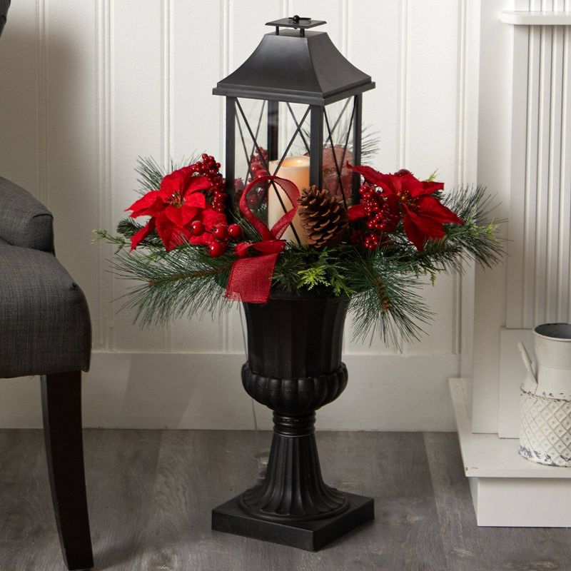 Nearly Natural 33-in Holiday Christmas Berries and Poinsettia with Large Lantern and Included LED Candle Set in a Decorative Urn Porch Decor