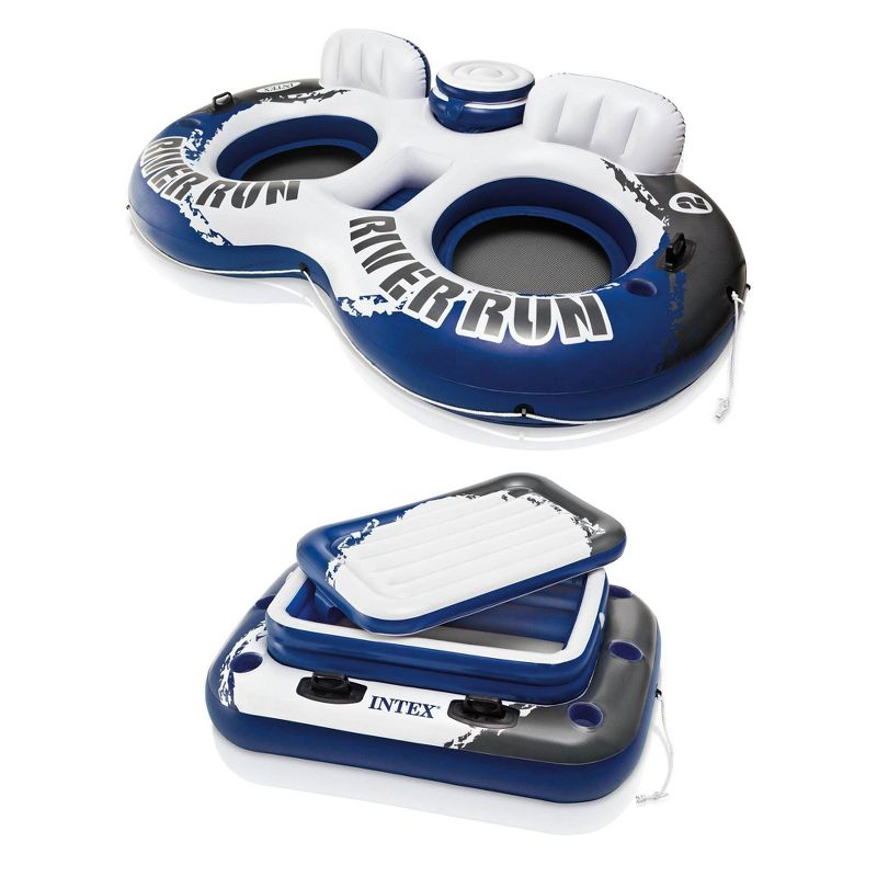INTEX River Run 2 Inflatable 2 Person Floating Lounge with Built-in Cooler Bundled with Inflatable Mega Chill II 72 Can Beverage Cooler