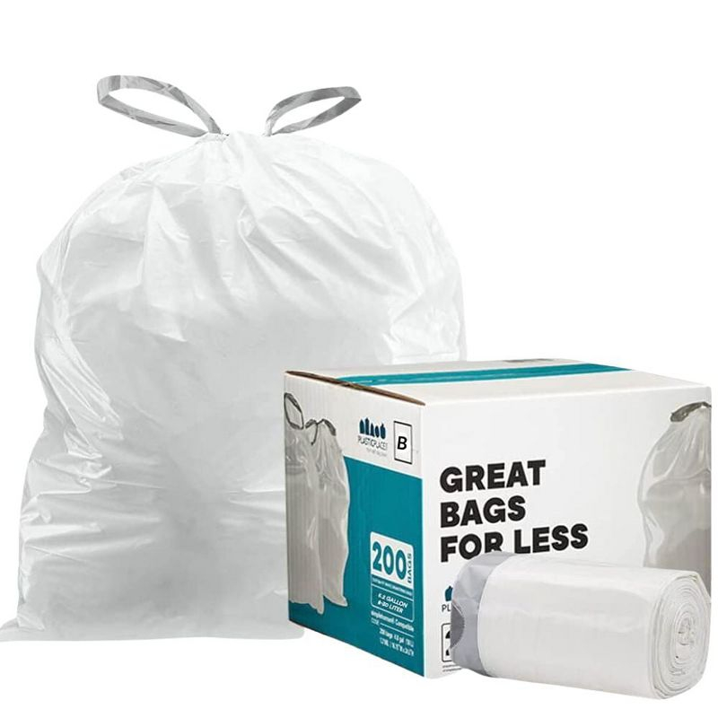 Plasticplace White Trash Bags Compatible with simplehuman Code B , 1.6, 6 Liter (200 Count)