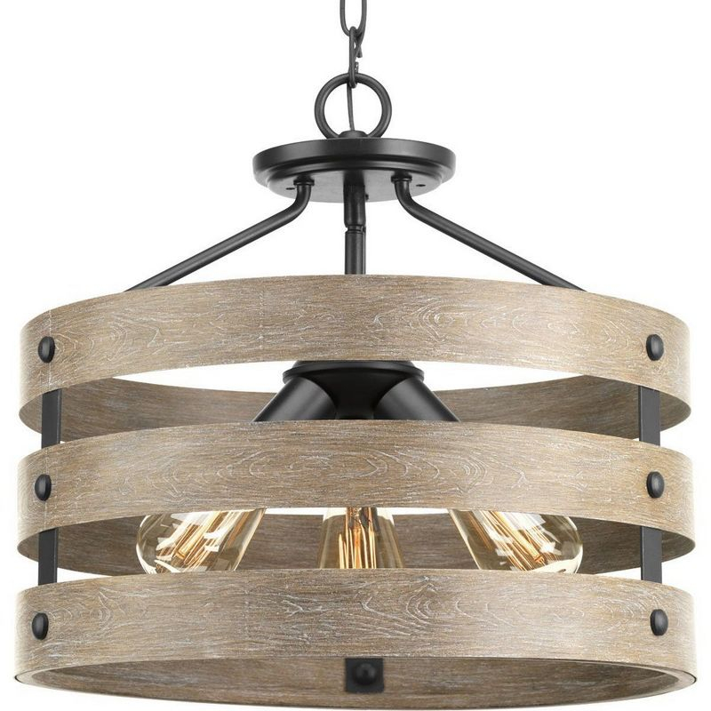 Progress Lighting Gulliver 3-Light Semi-Flush Convertible Ceiling Light, Graphite, Wood Grained Texture