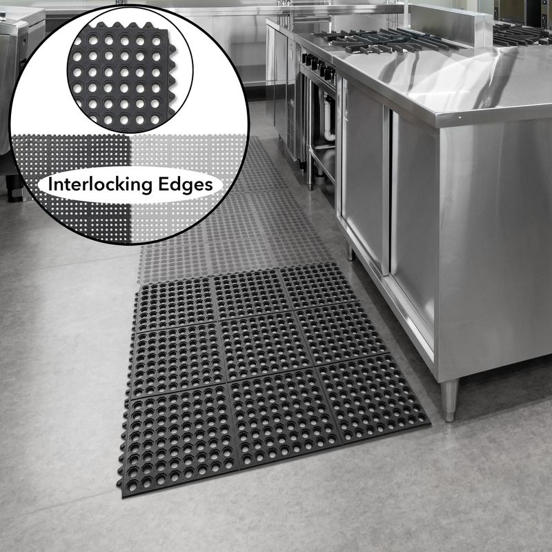 GRIDMANN Commercial Restaurant Floor Mat, 36" x 36" Interlocking Mat, Non-Slip and Grease Resistant Anti-Fatigue Rubber Kitchen Drainage Mat, Black