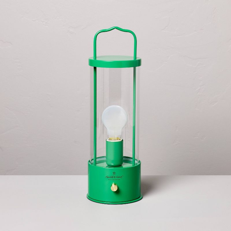 Portable Outdoor Patio LED Tabletop Lantern Green - Hearth & Hand™ with Magnolia: Rechargeable, Glass Shade, No Assembly