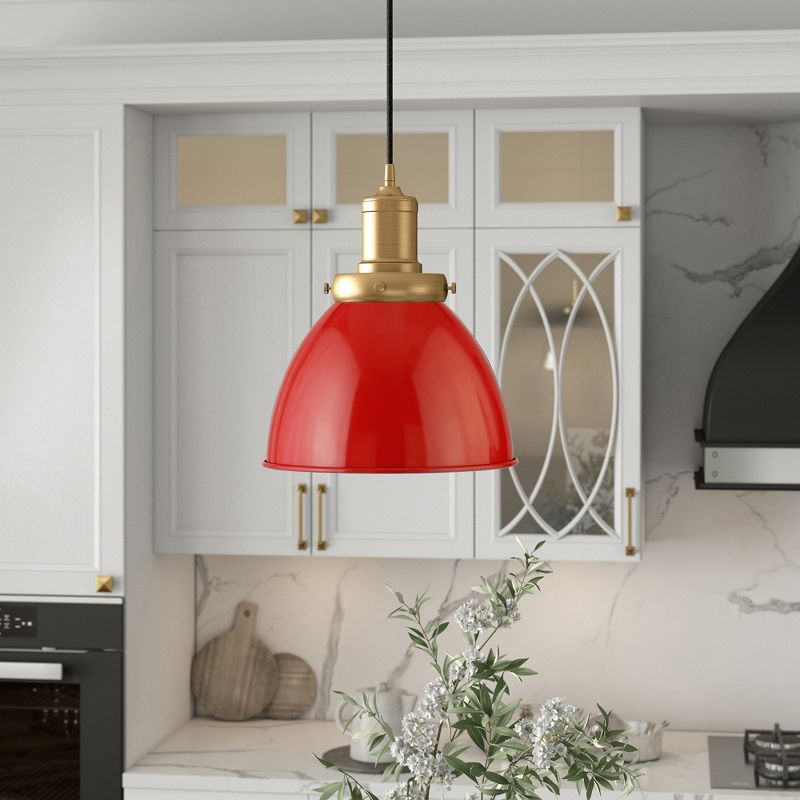 Hudson and Canal 8" Wide Pendant with Metal Shade Poppy Red/Brass: Industrial Style, UL Listed, E26 Socket