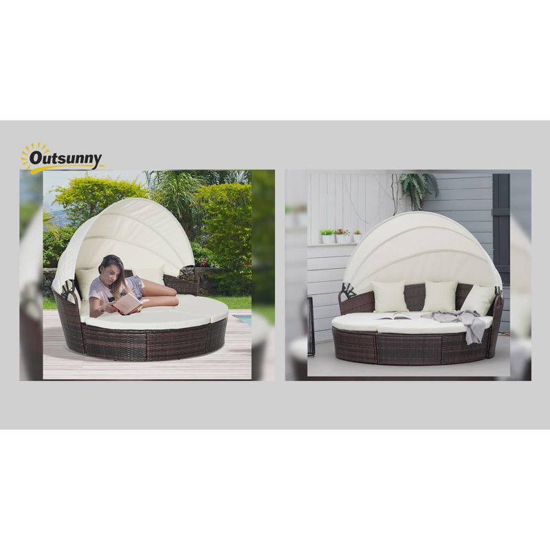Outsunny Round Daybed, 4-piece Cushioned Outdoor Rattan Wicker Sunbed or Conversational Sofa Set with Sun Canopy, Dark Gray
