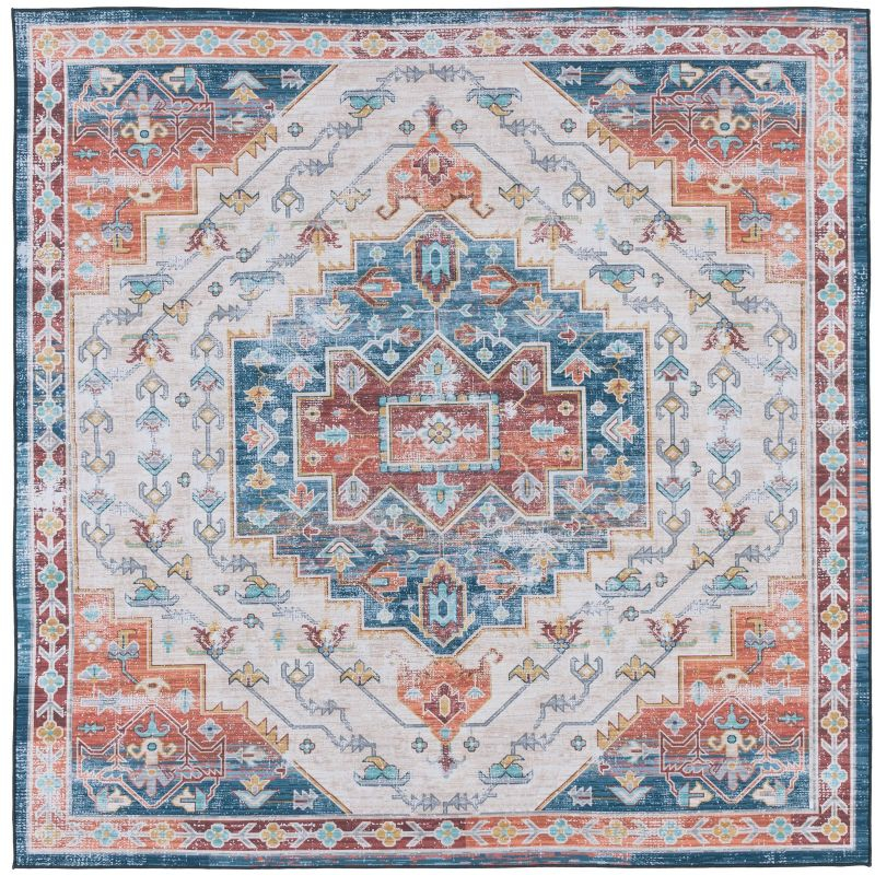 Tucson TSN116 Power Loomed Machine Washable Area Rug - Blue/Rust - 6'x6' - Safavieh.